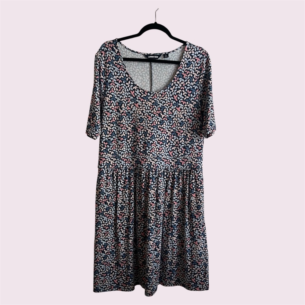 Lands’ End Lg Navy/Pink/White Floral Fit & Flatter Dress w/Pockets, EUC